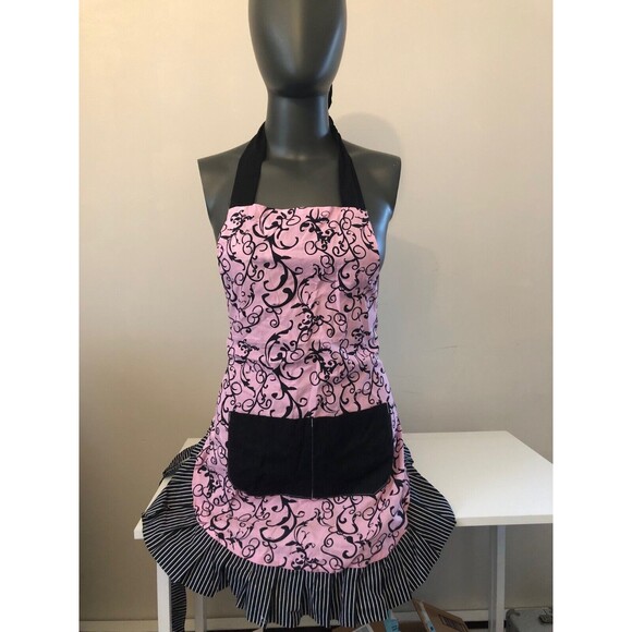 Flirty Aprons Pink w/Black Scroll Pattern & Ruffle Back or Side Tie Adult One Sz - Picture 1 of 9
